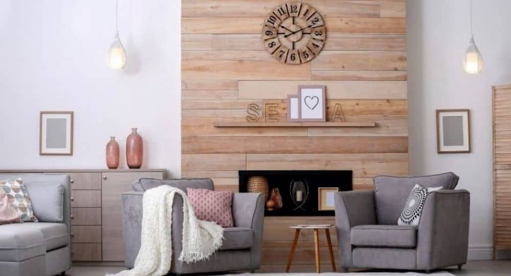 You can mix in different types of patterns and layouts for a unique wood accent wall.