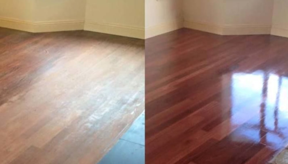 Refinished hardwood floor, before and after.