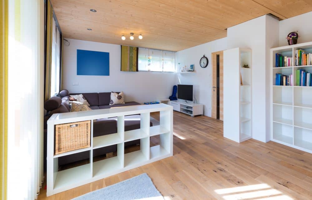 Apartment living room with timber flooring.