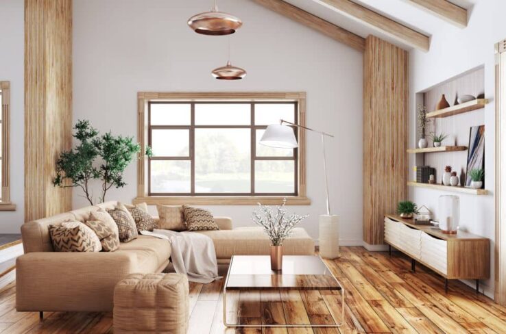 Modern living room with white walls and timber flooring.