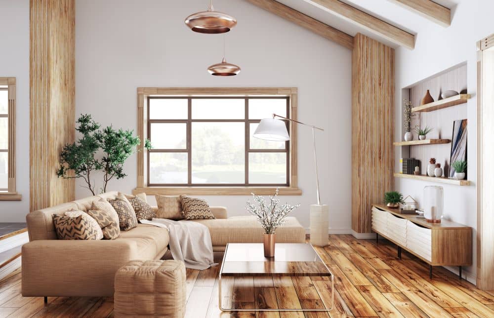 Modern living room with white walls and timber flooring.