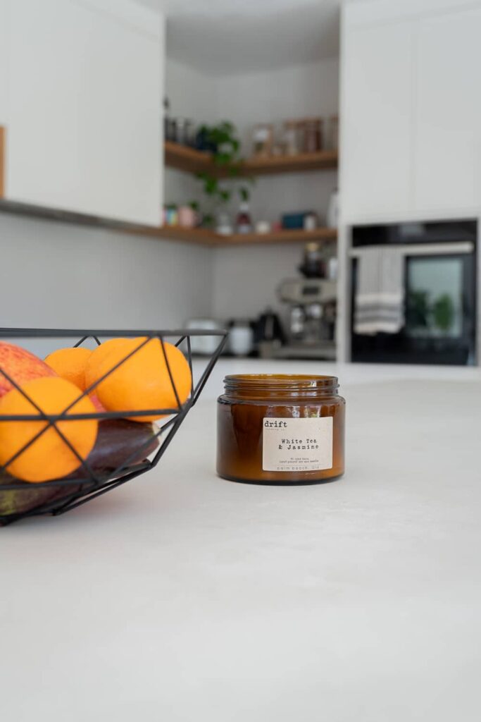 Tray of oranges on the kitchen island.