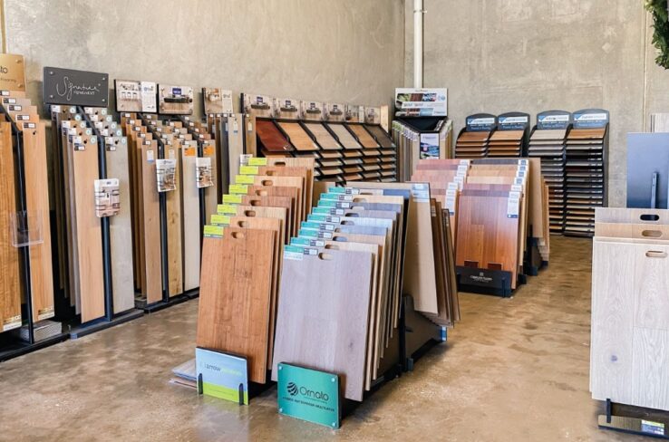Different flooring products at a showroom.