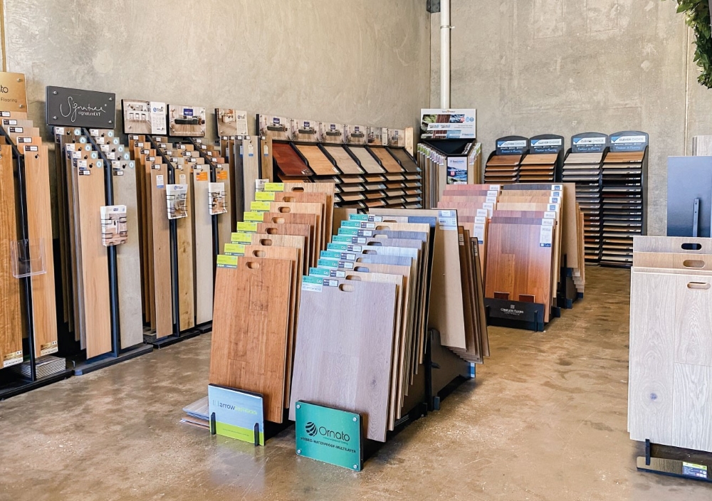 Different flooring products at a showroom.