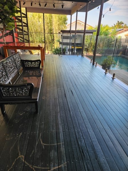 Before starting any work, thoroughly inspect your deck for any damaged or rotten boards, loose nails, or screws.
