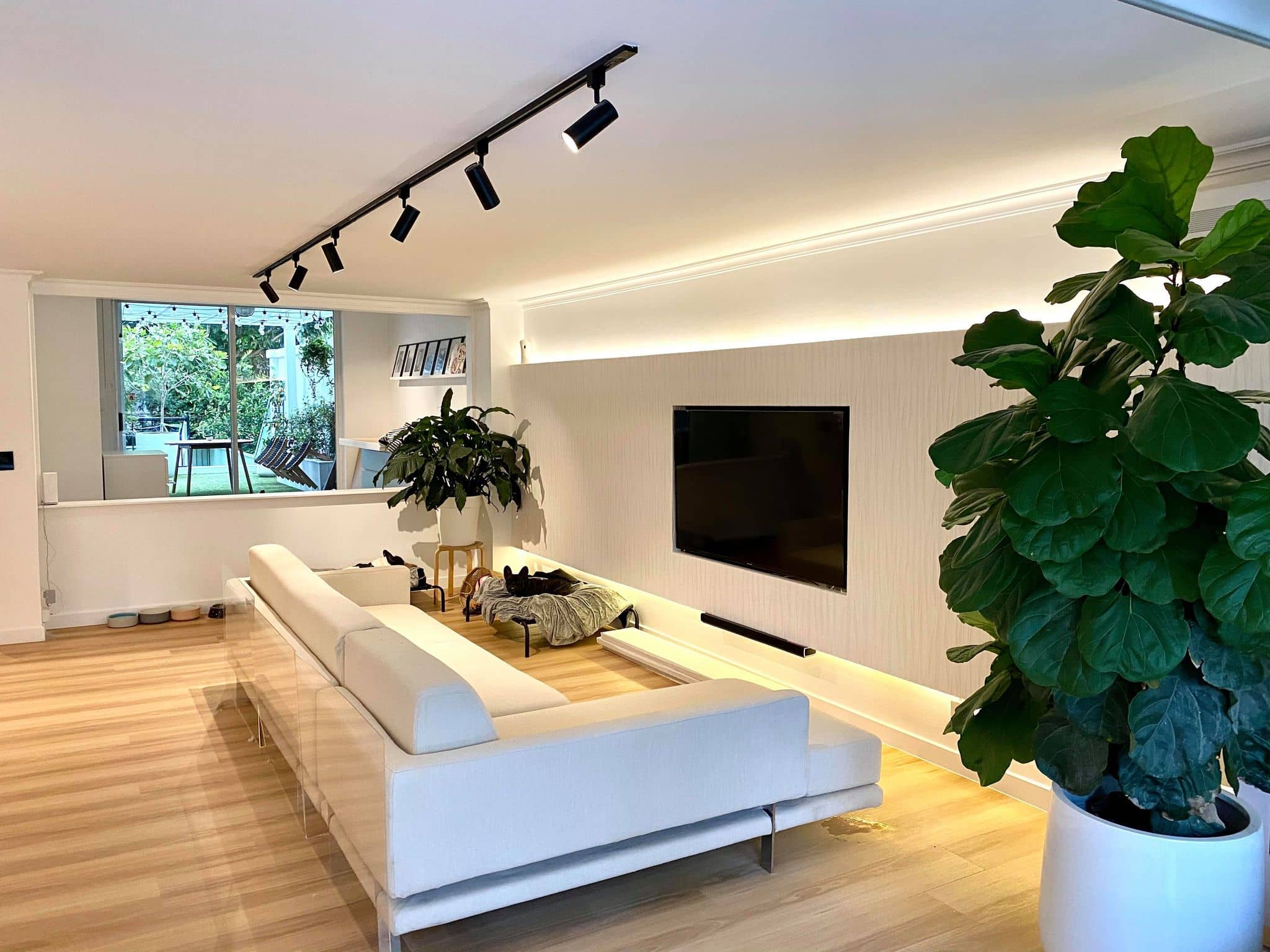 Engineered timber flooring newly laid in a renovated living area. 