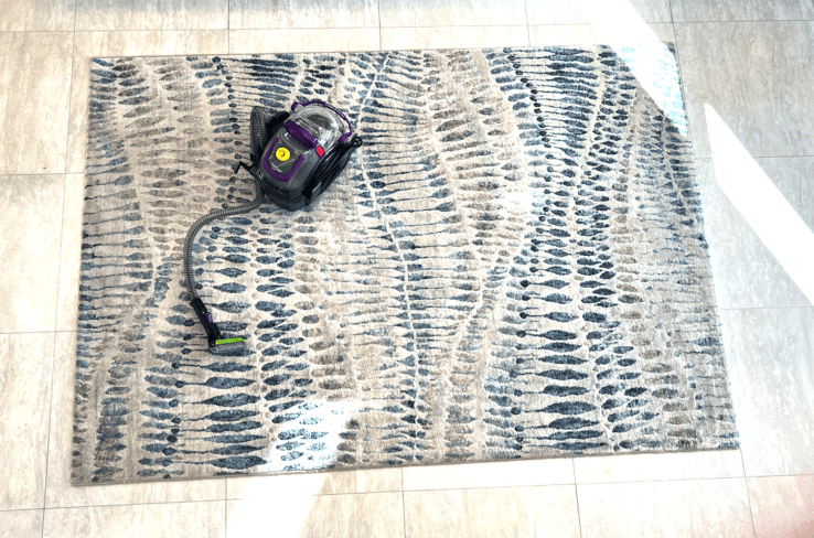 Bayliss wet/dry vacuum cleaner with purple accents placed on a blue and beige patterned area rug during the cleaning process on a light tile floor
