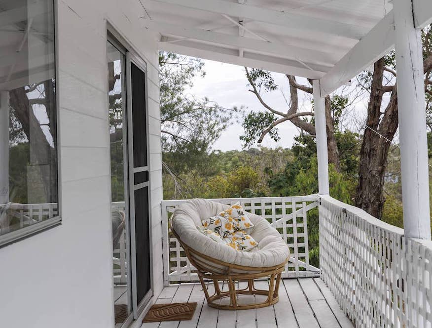 Verandah view at Guilderton accommodation retreat overlooking bushland with Eclipse Hybrid with Nazca inside