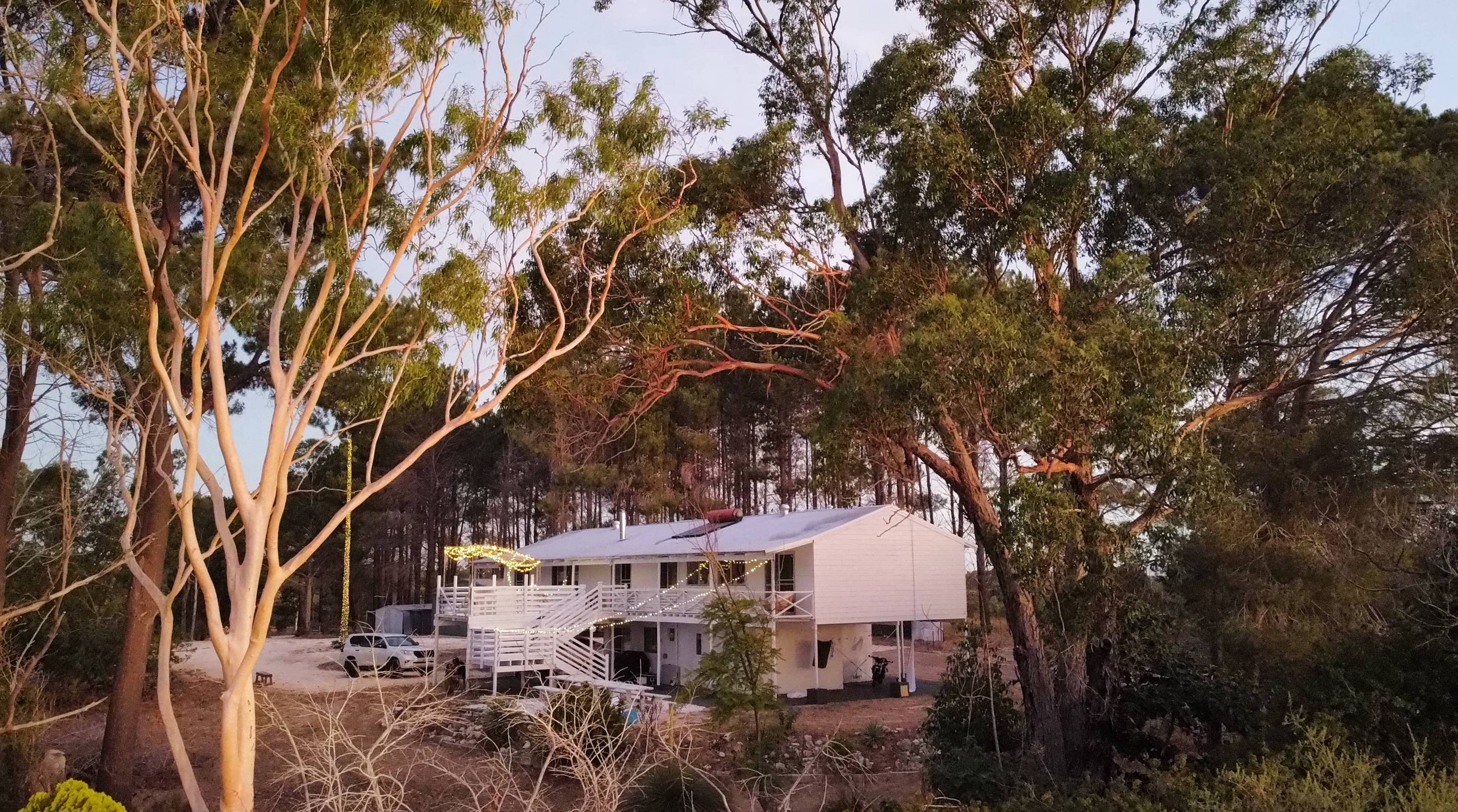 Guilderton accommodation bush retreat at sunset, surrounded by trees, interior features Eclipse Hybrid with Nazca flooring