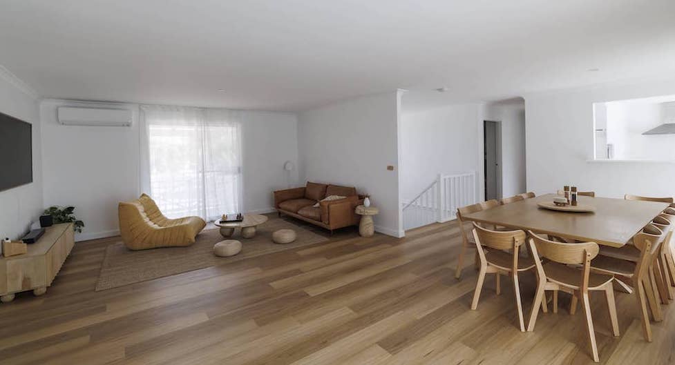 Open living area in Moore River accommodation with Eclipse Hybrid with Nazca timber-look flooring