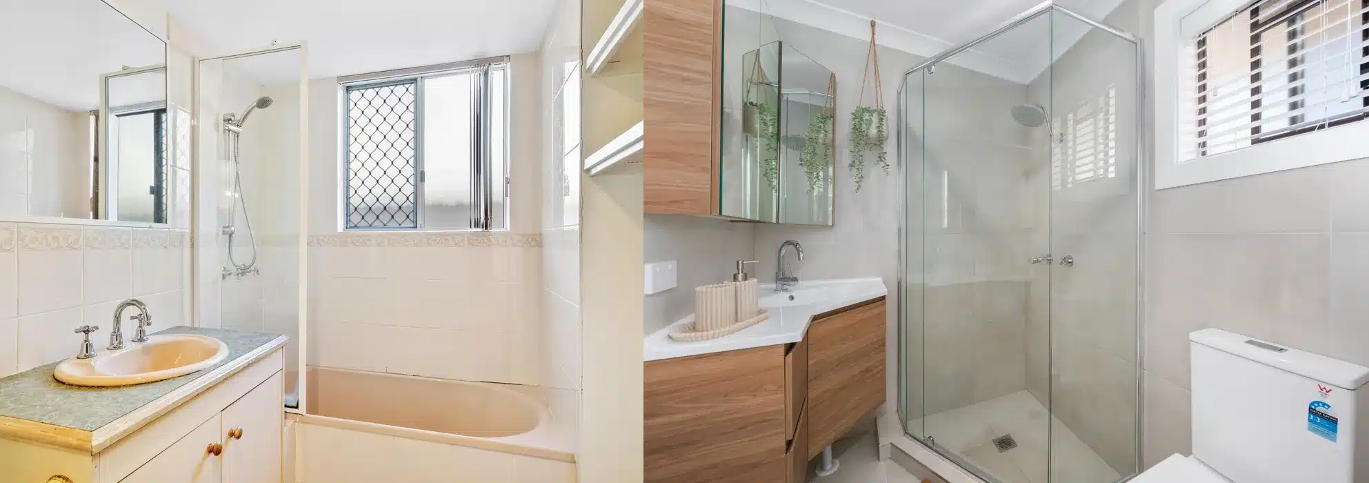 Before and after of Tweed Heads duplex bathroom renovation showing transformation from dated tub to modern shower and vanity