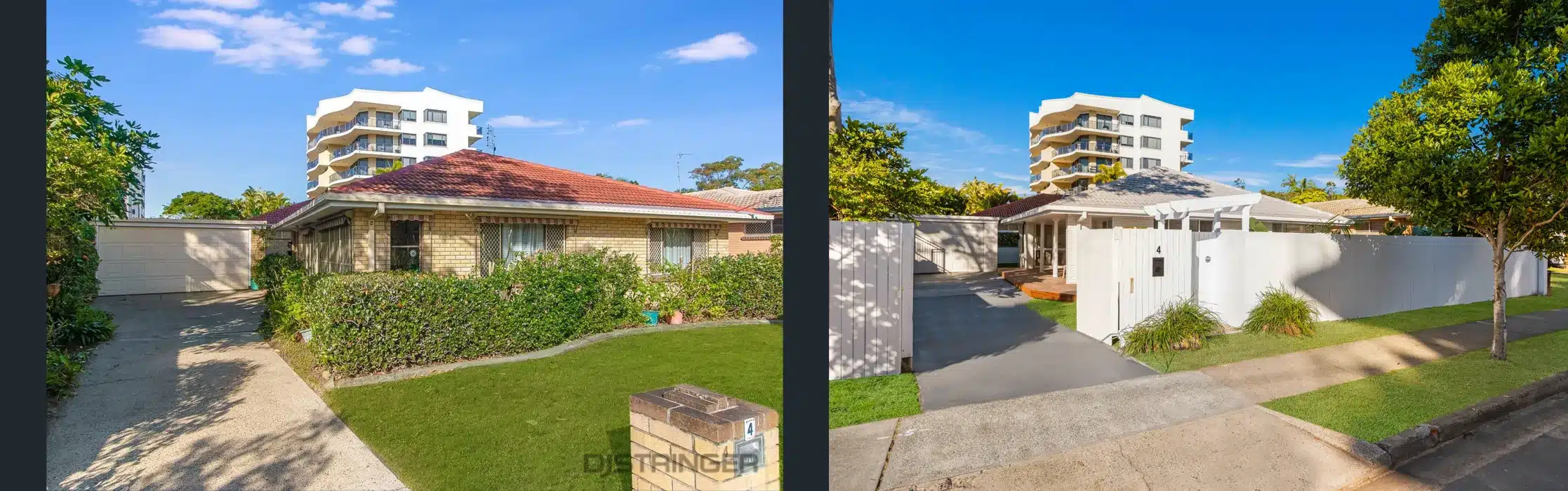 Before and after of Tweed Heads duplex front façade renovation with new fence, deck and landscaping