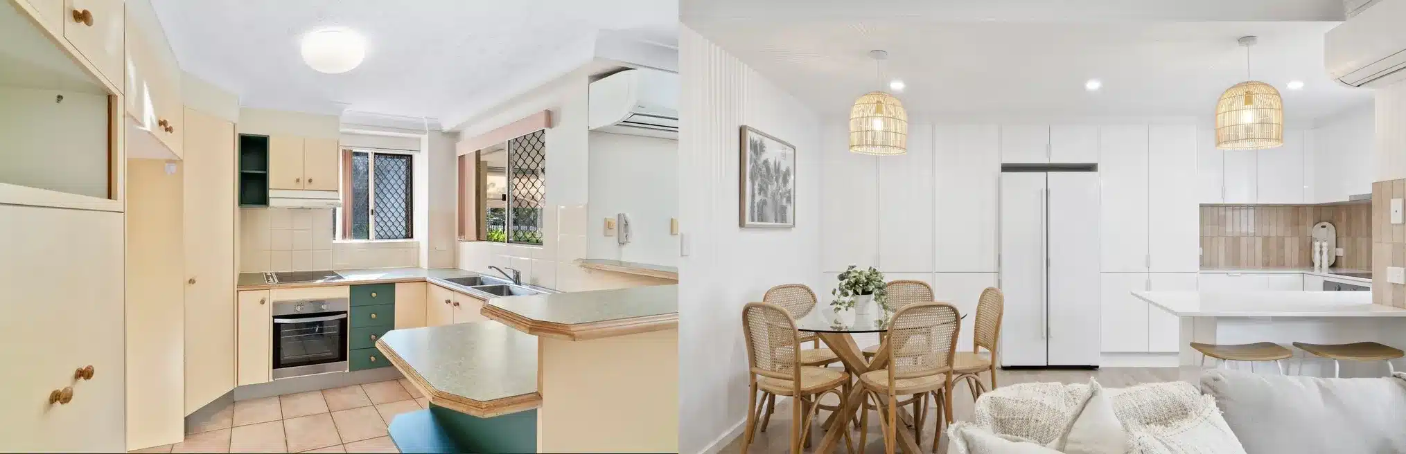 Before and after comparison of Tweed Heads duplex kitchen renovation with modern white cabinetry and open dining space