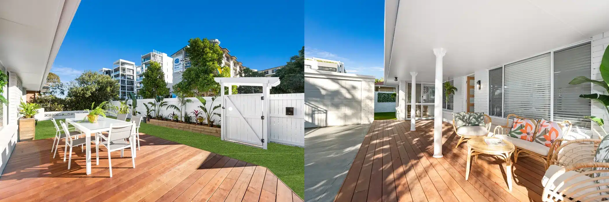 Outdoor deck renovation of Tweed Heads duplex with timber flooring, dining area and seating space