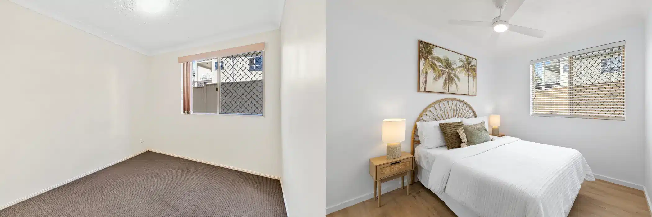 Before and after of Tweed Heads spare bedroom renovation with fresh paint, hybrid flooring and styled decor