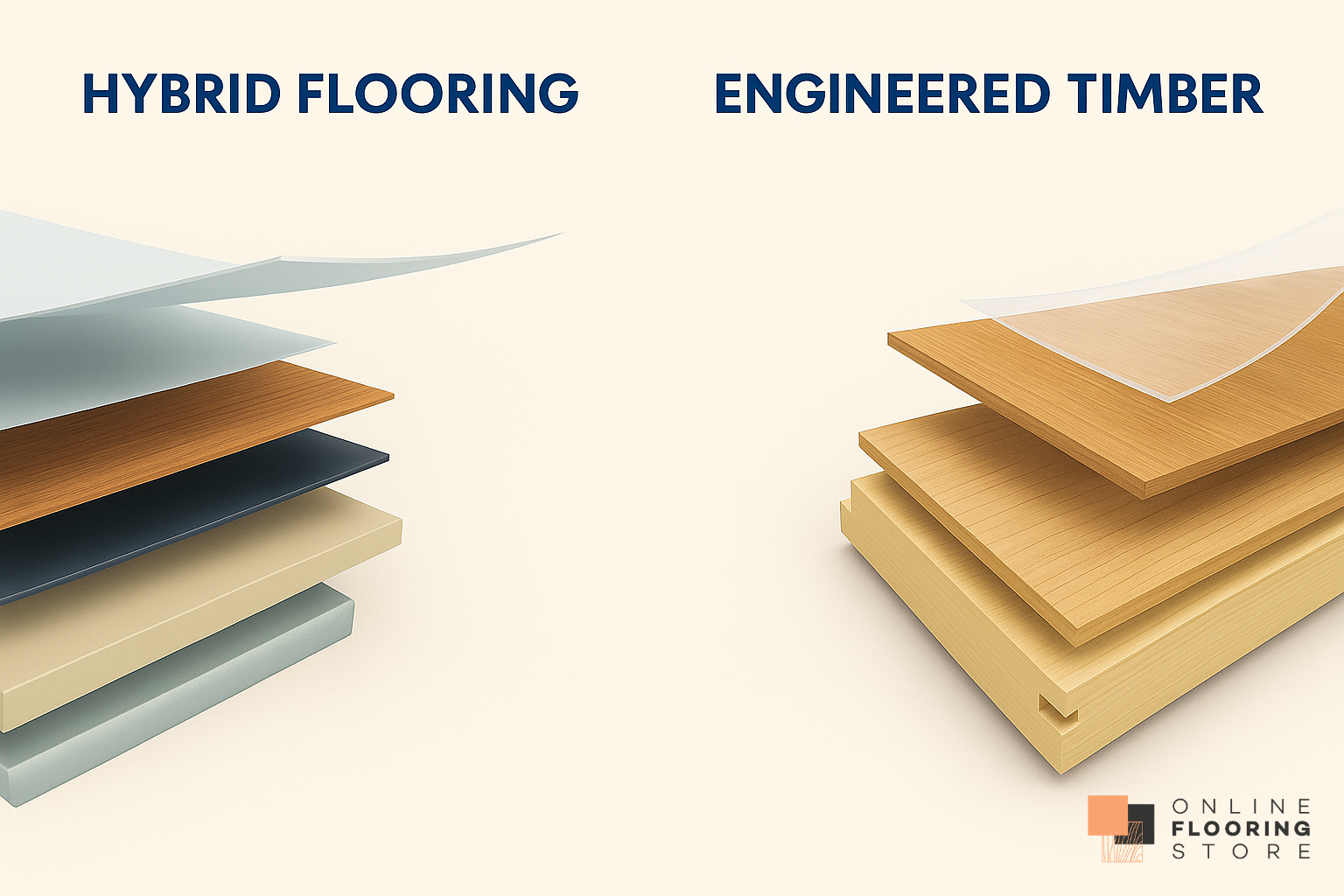 Hybrid vs engineered timber flooring comparison diagram showing construction layers of both flooring types.