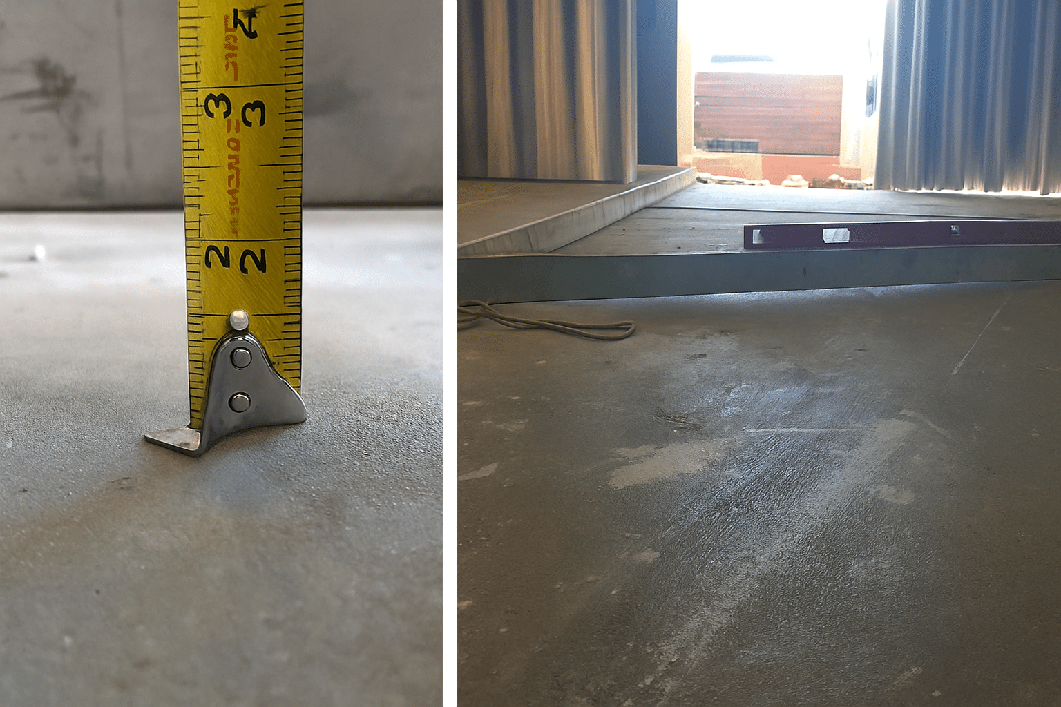 Measuring concrete subfloor tolerance using a tape measure and straightedge to show height variations before installing flooring