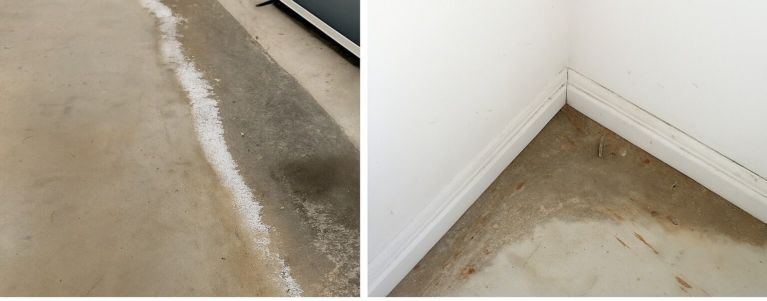 Signs of moisture in a concrete slab and rising damp, showing efflorescence and dark patches that indicate moisture problems before flooring installation.