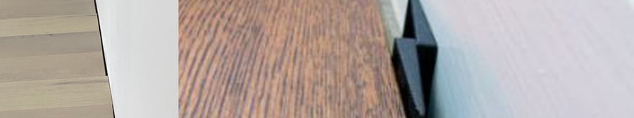 Examples of incorrect or missing expansion gaps in floating floors, showing boards hard against the wall and lack of spacers during installation.