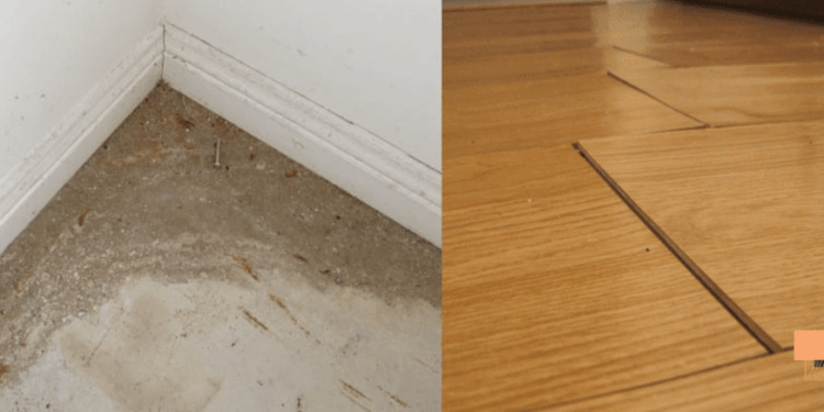 Flooring problems caused by moisture in concrete slabs and installation issues leading to gaps and lifting floorboards.