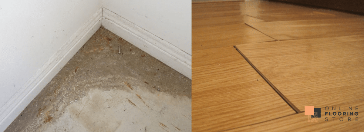 Flooring problems caused by moisture in concrete slabs and installation issues leading to gaps and lifting floorboards.