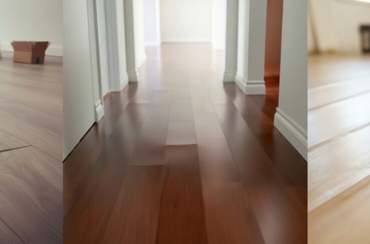 Collage of laminate flooring problems showing swollen edges, peaking across a room, and lifted click-lock joins in residential flooring.