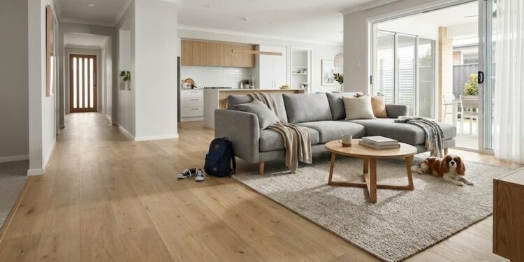 Light oak timber flooring in modern Australian open-plan living room, Perth WA home